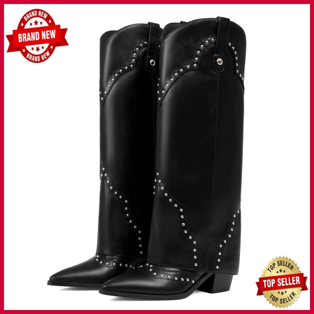 Knee High Fold Over Cowboy Boots Studded Western Slouch Pull On Fashion